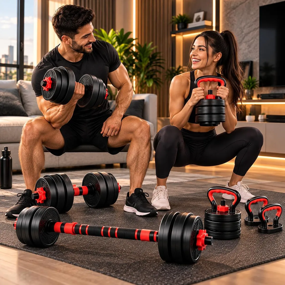 Casal treinando em casa com halteres e kettlebell montados com o kit